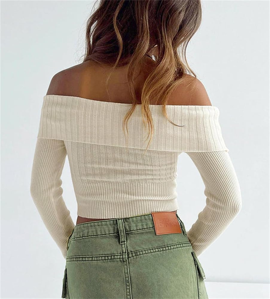 Women Y2k Off Shoulder Sweaters Long Sleeve Zipper up